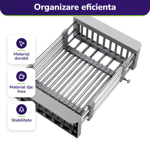 Suport scurgere extensibil pentru bucatarie, uscator vase din otel inoxidabil, suport tacamuri si pahare, 29 x 22 x 9.5 cm gri [1]