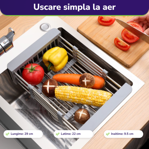 Suport scurgere extensibil pentru bucatarie, uscator vase din otel inoxidabil, suport tacamuri si pahare, 29 x 22 x 9.5 cm gri [2]