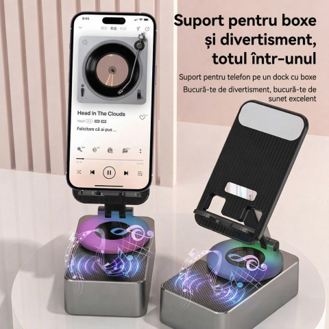 Suport telefon cu boxa Bluetooth, rotativ 360°, pliabil, acumulator 1500 mAh [2]