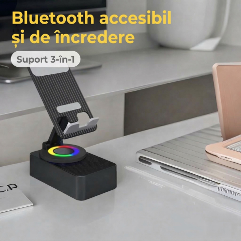 Suport telefon cu boxa Bluetooth, rotativ 360°, pliabil, acumulator 1500 mAh [4]