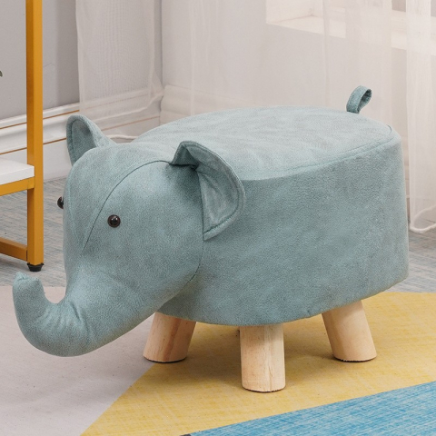 Jucarii Montessori - Taburet pentru copii, model Elefant, din lemn masiv, albastru, 30x25x25 cm
