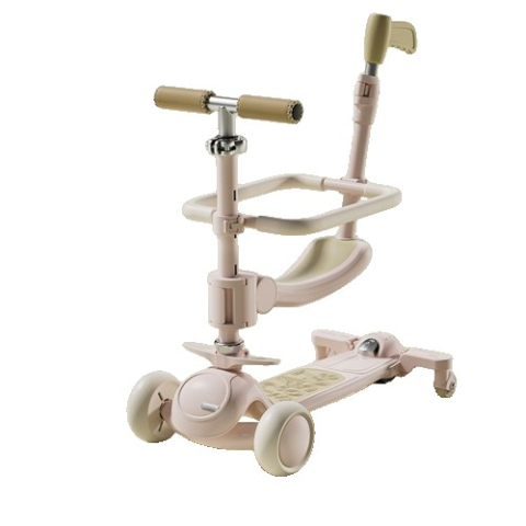 Jucarii Bebe - Trotineta tip carucior pentru copii 7in1, pliabila, ghidon reglabil, lumini LED roz