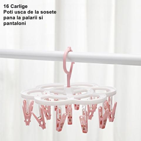Uscator de rufe suspendat, 16 carlige, rotire 360 grade, plastic, roz [2]