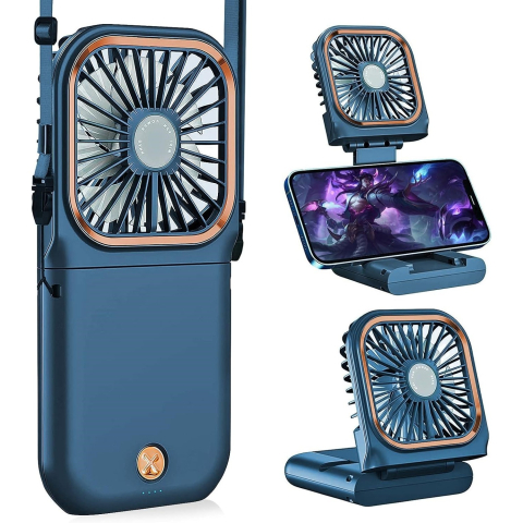 Umidificatoare & Aer - Ventilator portabil 3 in 1, pliabil cu suport telefon, afisaj digital, albastru