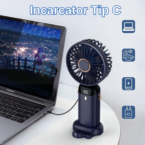 ventilator portabil pliabil cu incarcare USB si ecran LED albastru [7]
