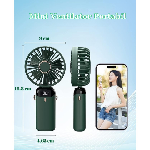Ventilator portabil pliabil, 3 in 1 cu aromaterapie, 5 trepte viteza, incarcare USB, ecran LCD, verde [6]