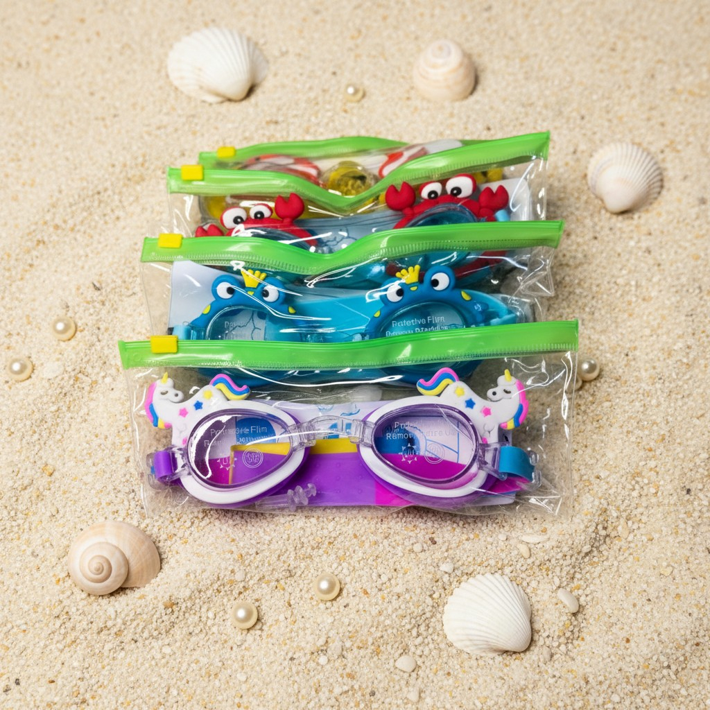 Set de patru perechi de ochelari de înot pentru copii în huse cu fermoar, cu design de unicorn, crab și broscuță, așezați pe nisip decorat cu perle și scoici. [2]