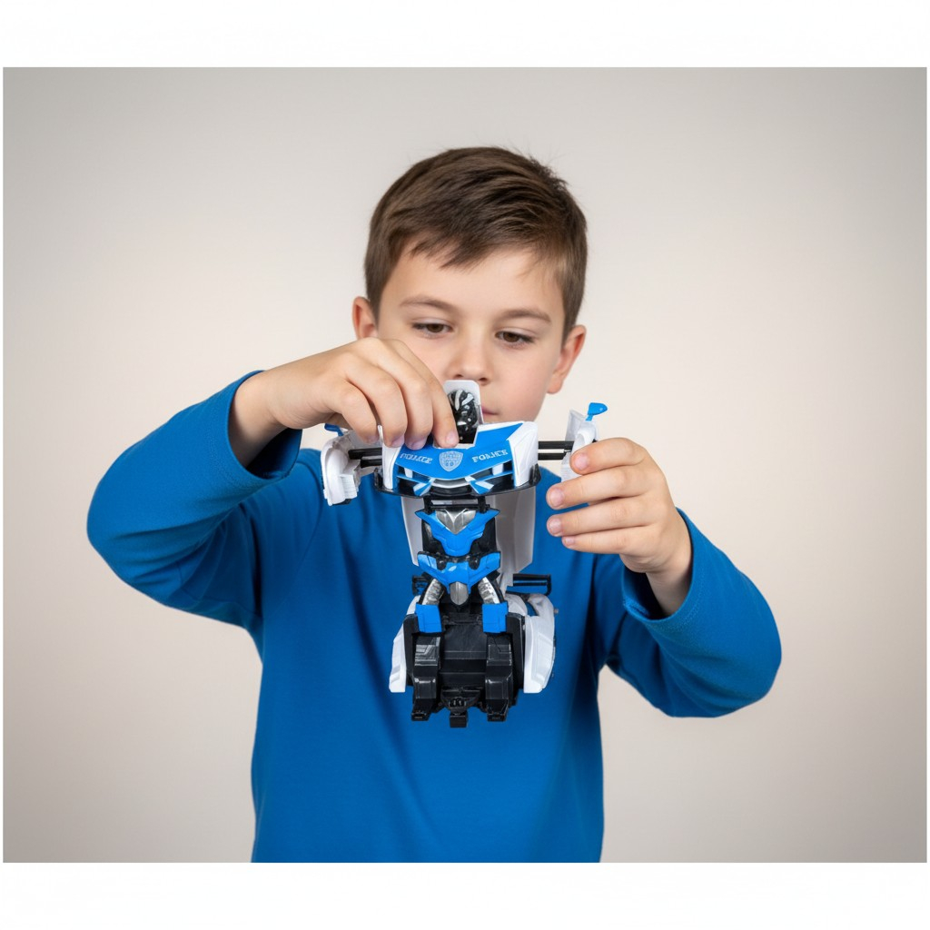 Mașină de poliție sport cu telecomandă, alb cu albastru, care se transformă în robot, expusă pe un fundal verde. [3]