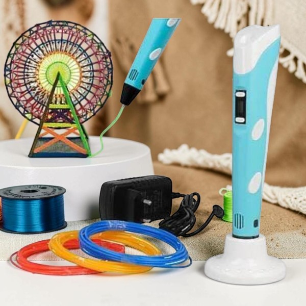 Creion 3D Pen V2 albastru cu suport, alimentator și 3 rezerve de filament colorat, pe un birou de creație [2]