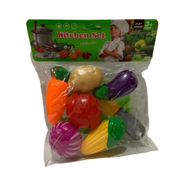 Set de jucărie cu 6 legume colorate de feliat cu prindere tip scai, tocător verde și cuțit din plastic. [2]