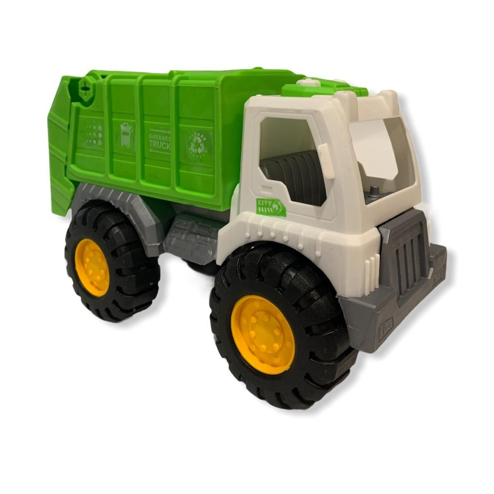 Jucărie mașină de gunoi Super Power Truck, cabină albă, tomberon verde cu simbol de reciclare și roți mari. [3]