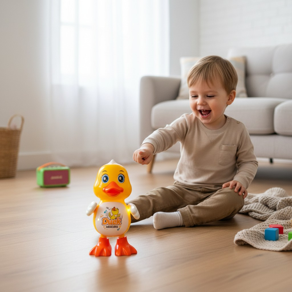 ucărie interactivă rățușcă galbenă cu cioc portocaliu, cu textul Duck DANCING, pregătită de dans. [2]