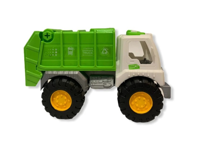 Jucărie mașină de gunoi Super Power Truck, cabină albă, tomberon verde cu simbol de reciclare și roți mari. [2]
