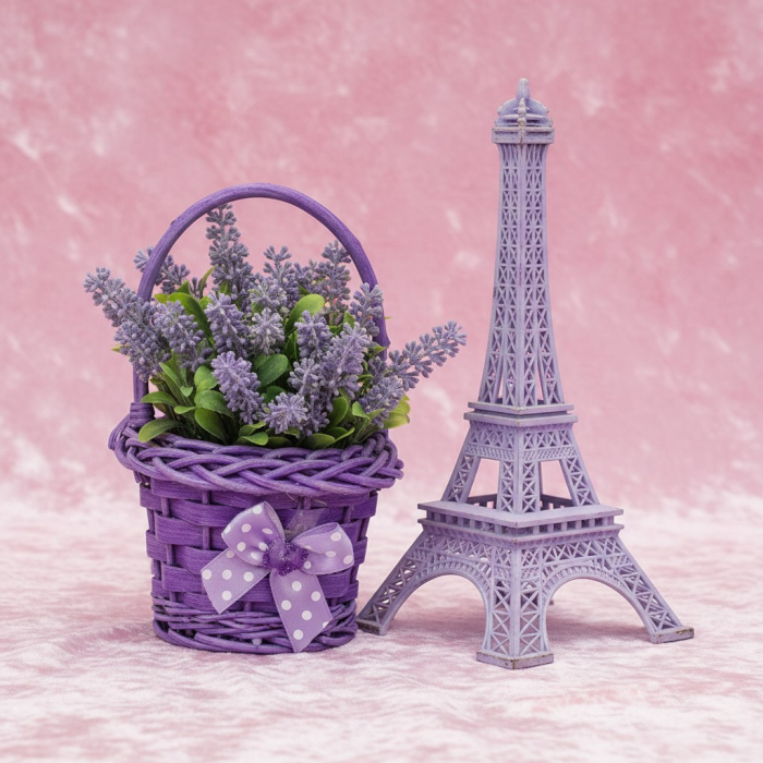 Aranjament floral în coșuleț cu Turnul Eiffel și flori roz artificiale în cutie transparentă. [3]