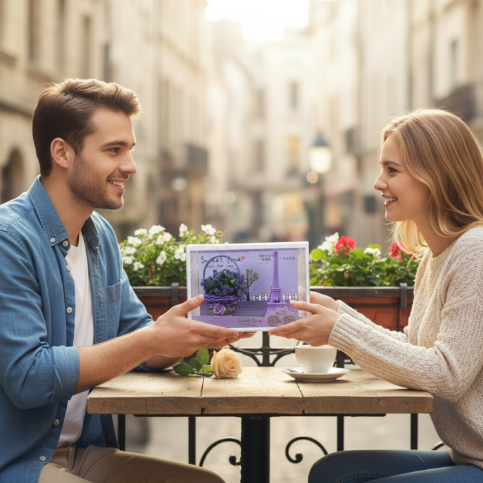 Aranjament floral în coșuleț cu Turnul Eiffel și flori roz artificiale în cutie transparentă. [2]