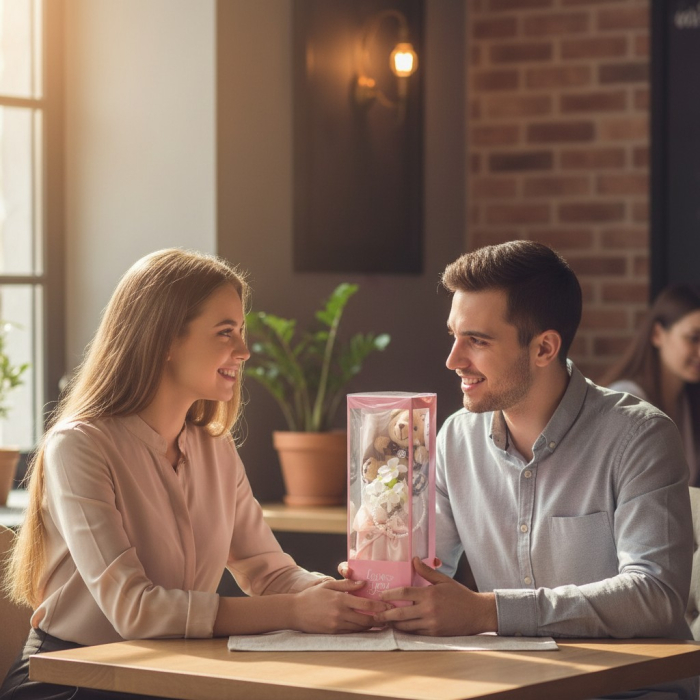 Aranjament cadou cu ursulet de plus si flori de sapun in cutie inalta roz. [2]