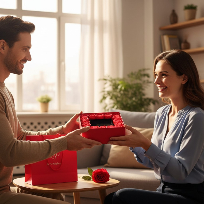 Cutie cadou neagră cu trandafiri roșii de săpun și sertar pentru bijuterii. [3]