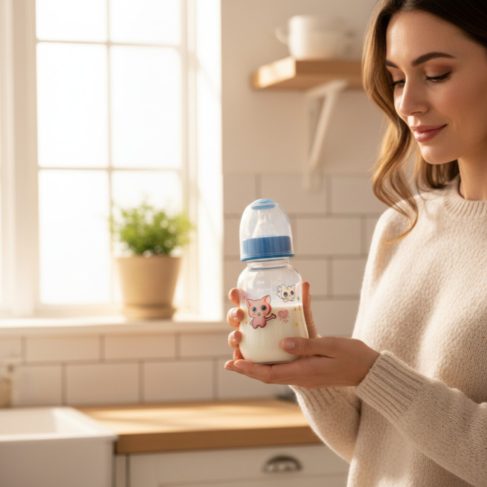 Biberon transparent de 150ml cu imprimeu colorat, tetină din silicon și capac roz/albastru. [2]