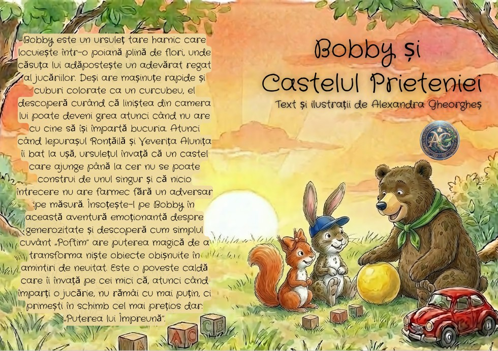 Coperta cartii pentru copii Bobby si Castelul Prieteniei ilustrand un ursulet un iepuras si o veverita cu jucarii [2]
