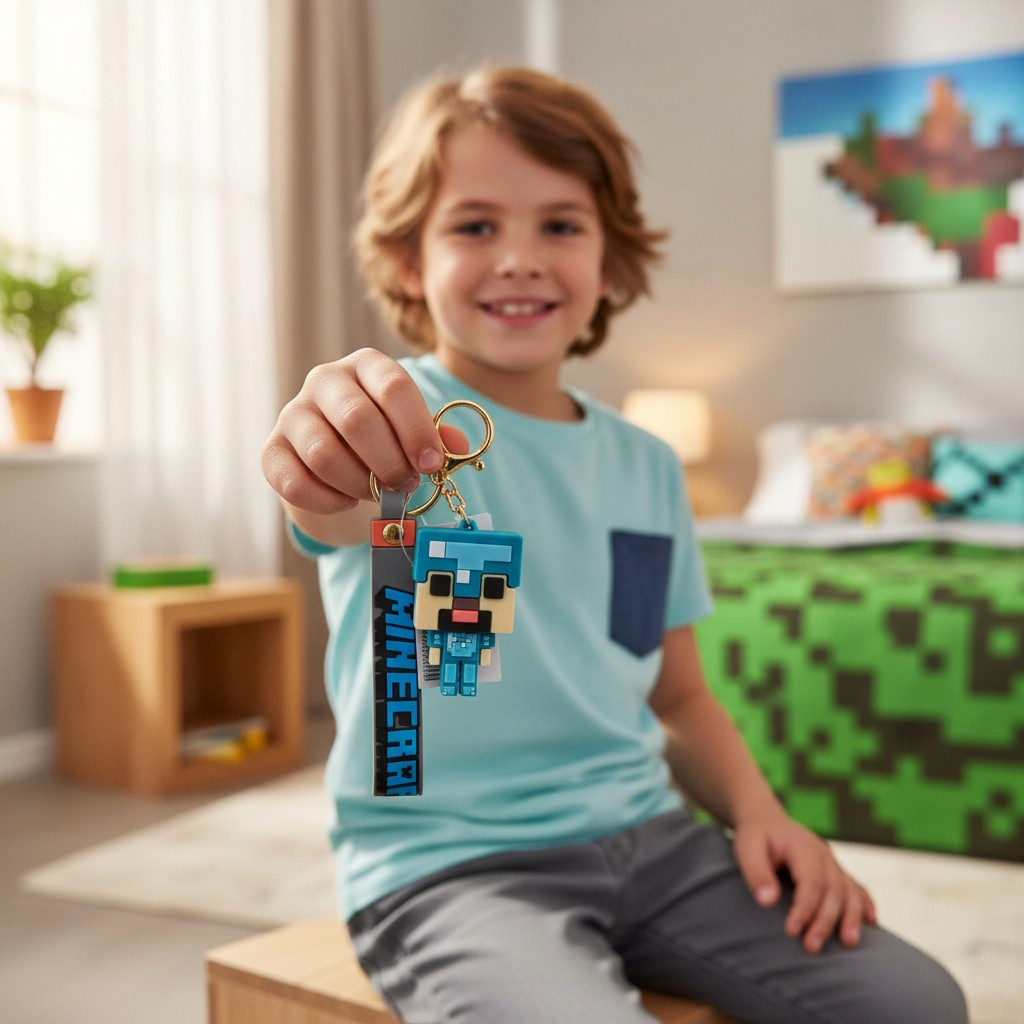 Breloc cu personaj Minecraft de 6-8 cm, inel auriu și curelușă albastră din silicon. [2]