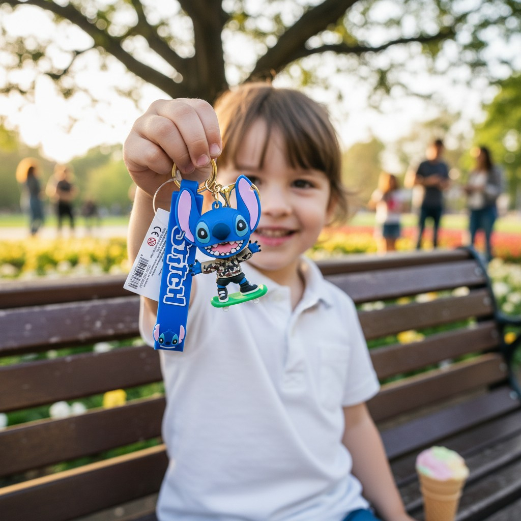 Breloc interactiv cu figurină Stitch pe skateboard, inel auriu premium și baretă albastră din silicon. [2]