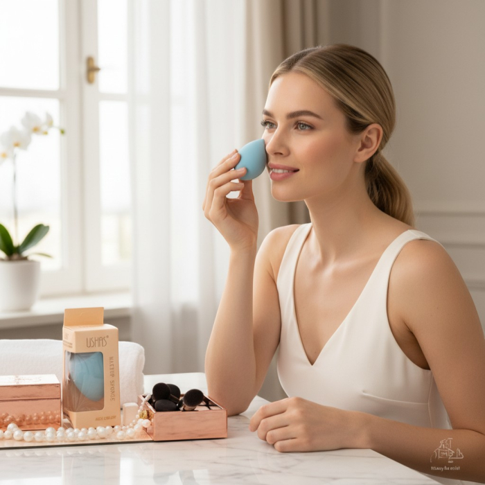 Burete de machiaj USHAS roz/mix în formă de lacrimă, ambalat individual în cutie protectoare. [2]