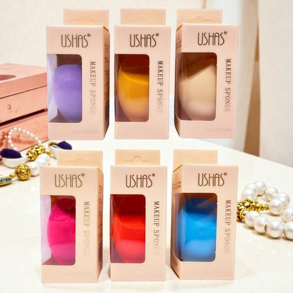 Burete de machiaj USHAS roz/mix în formă de lacrimă, ambalat individual în cutie protectoare. [3]