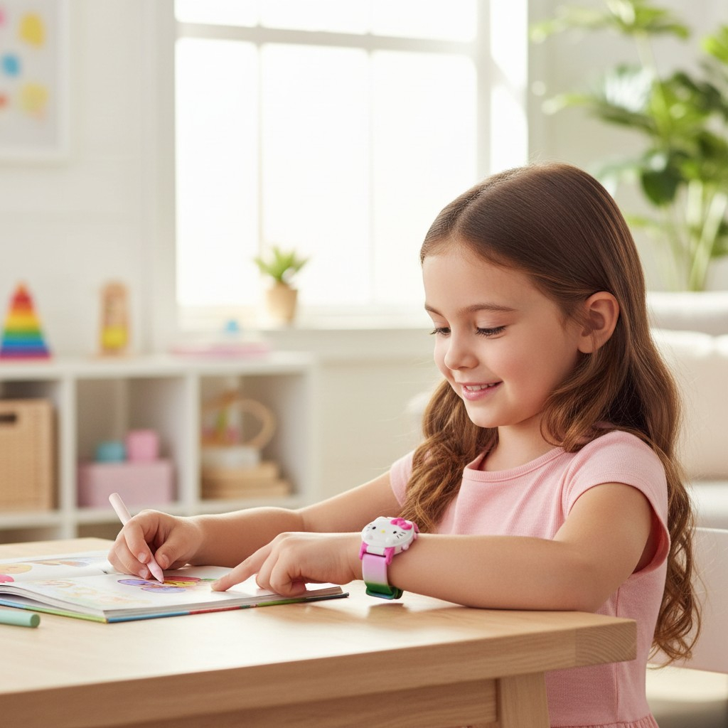 Ceas digital Happy Time pentru copii, brățară silicon roz cu personaj 3D Hello Kitty și capac rabatabil. [2]