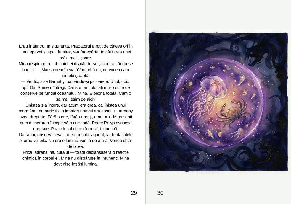 Coperta cartii Chemarea Marelui Albastru de Alexandra Gheorghes ilustrand o meduza violeta in oceanul intunecat [4]