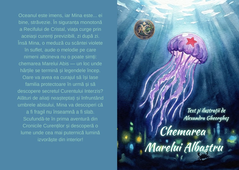 Coperta cartii Chemarea Marelui Albastru de Alexandra Gheorghes ilustrand o meduza violeta in oceanul intunecat [2]