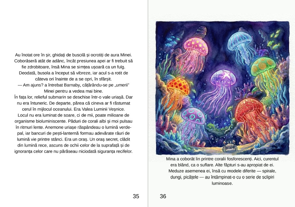 Coperta cartii Chemarea Marelui Albastru de Alexandra Gheorghes ilustrand o meduza violeta in oceanul intunecat [5]