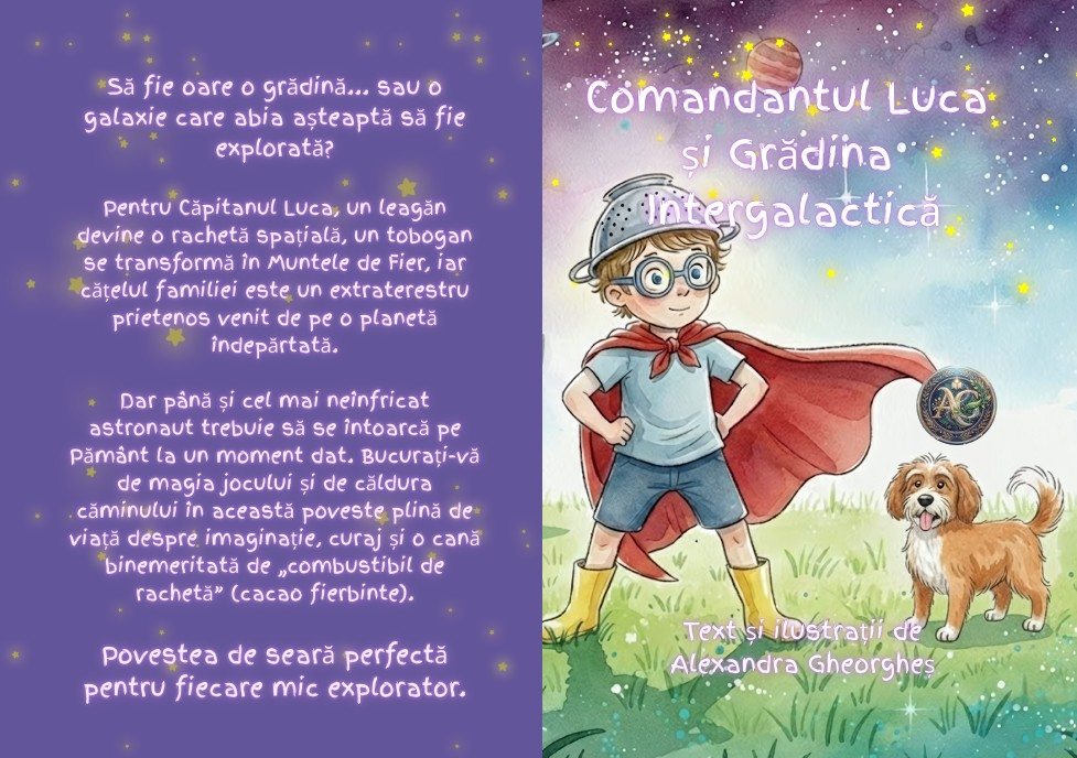 Coperta cartii Comandantul Luca si Gradina Intergalactica ilustrand un baietel costumat in astronaut si un catel [2]
