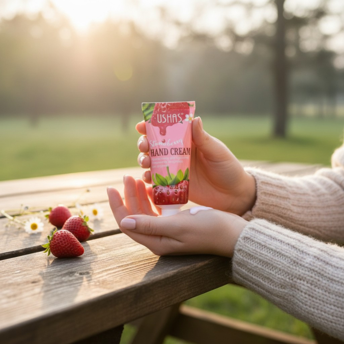 Mini creme de mâini hidratante Ushas pentru călătorii, în variante de cocos, căpșuni și mango. [2]