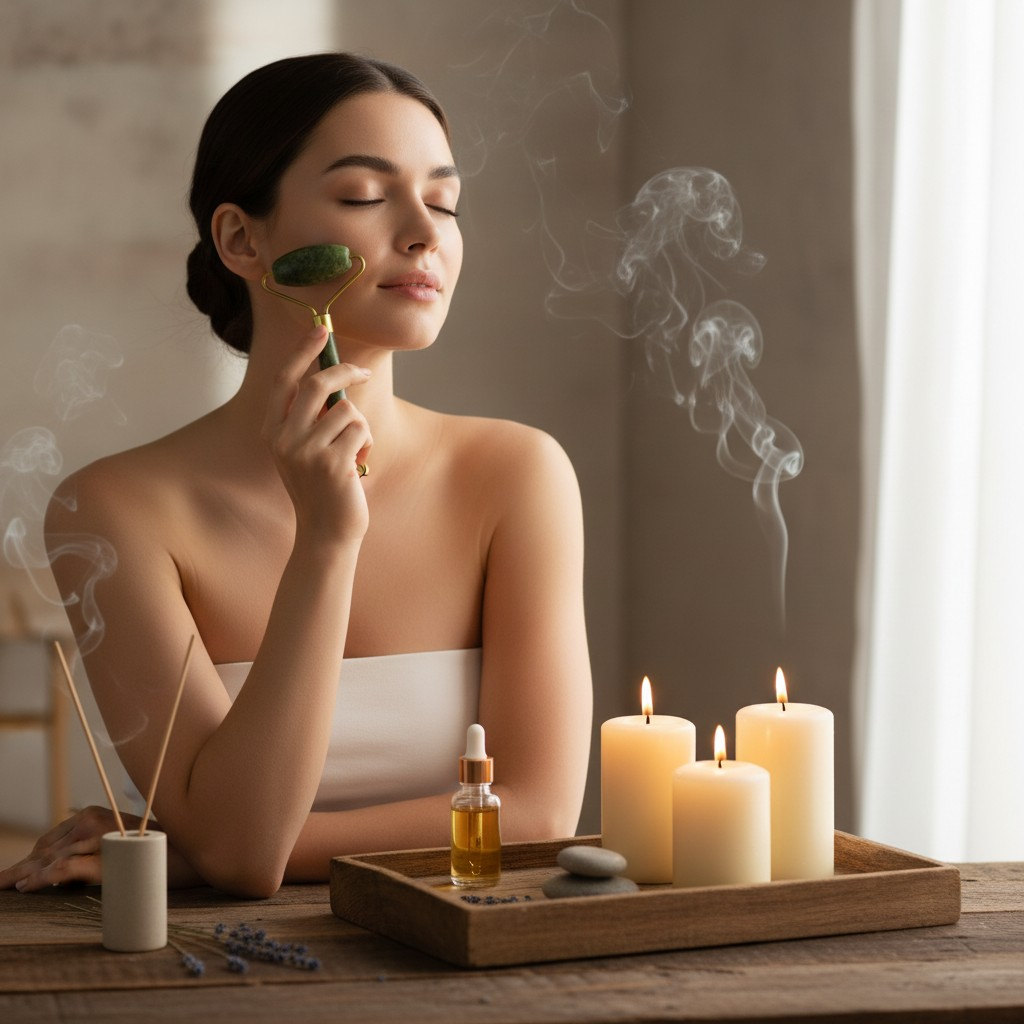 Dispozitiv de masaj cu rolă din jad verde și mâner ergonomic pe o masă de lemn, alături de lavandă și uleiuri esențiale. [2]