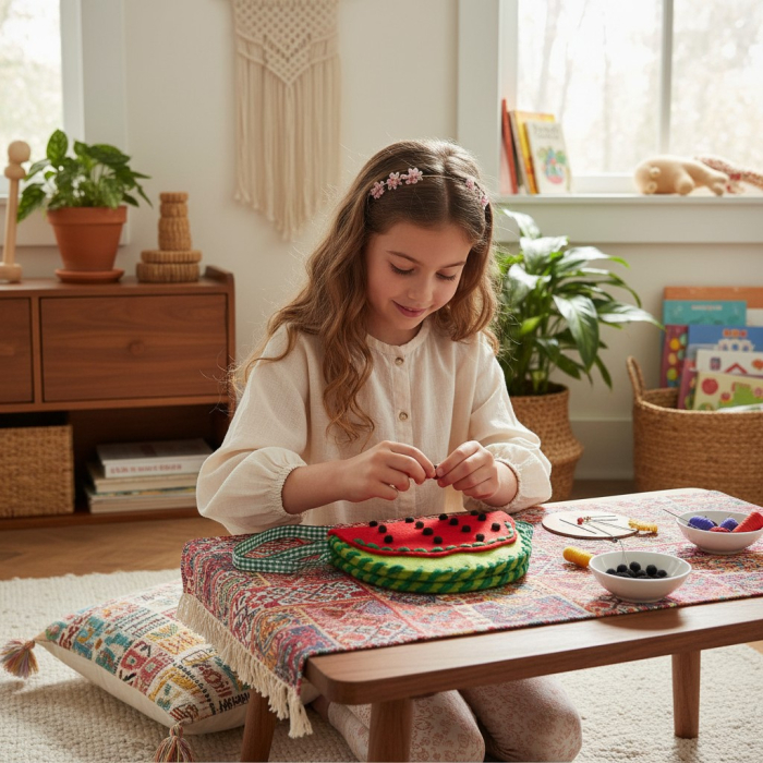 Set creativ DIY poșetă din fetru în formă de pepene cu ac de plastic și accesorii colorate. [3]