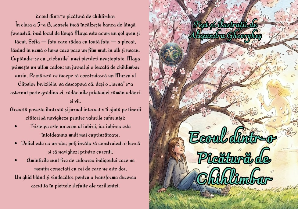 Coperta cartii terapeutice Ecoul dintr-o picatura de chihlimbar de Alexandra Gheorghes cu o fetiță sub un copac înflorit [2]