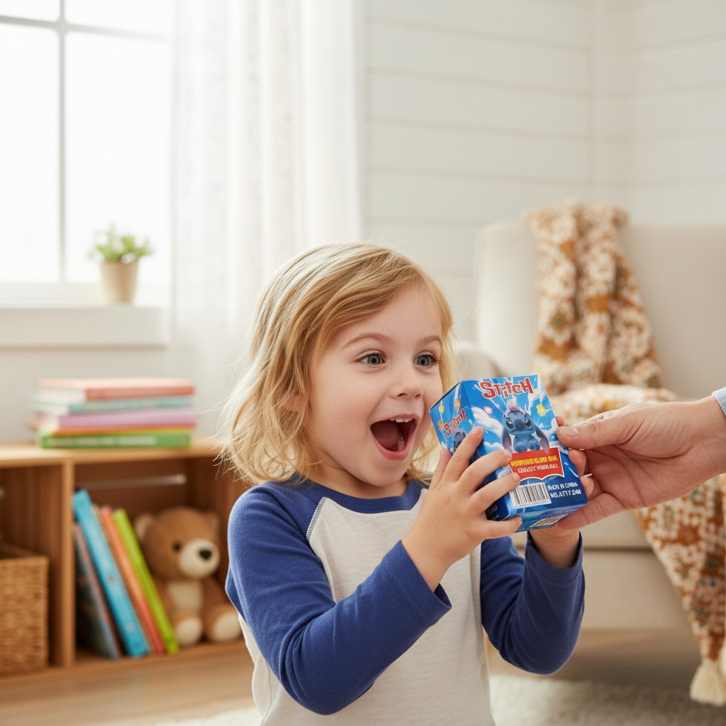 Cutie albastră sigilată Stitch Surprise Blind Box cu ilustrație personaj și mesajul Collect them all. [2]