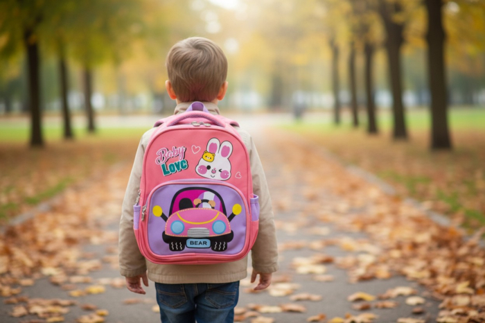 Ghiozdan albastru pentru copii cu imprimeu 3D iepuraș și mașinuță roșie. [2]