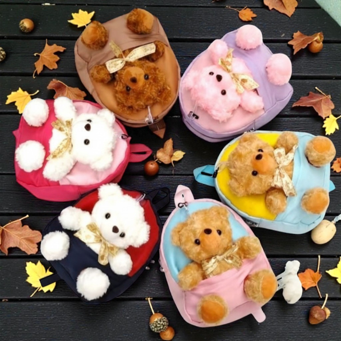 Ghiozdan albastru/roz pentru copii cu ursuleț pufos 3D și fundiță decorativă. [3]