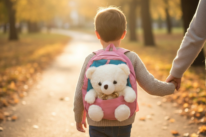 Ghiozdan albastru/roz pentru copii cu ursuleț pufos 3D și fundiță decorativă. [2]