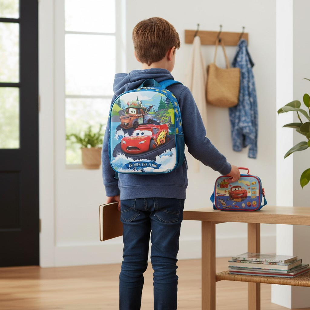 Ghiozdan albastru de grădiniță cu Lightning McQueen și Mater pe o masă de lemn. [2]