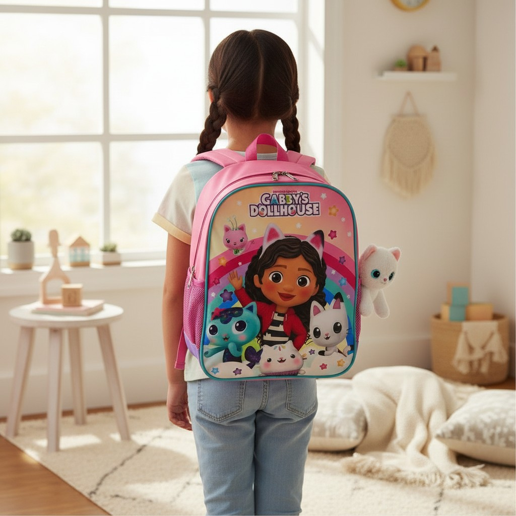 Ghiozdan roz de grădiniță cu Gabby's Dollhouse și prietenii pisicuțe într-un design cu curcubeu. [2]