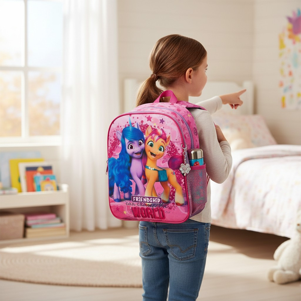 Ghiozdan roz de grădiniță cu My Little Pony și mesajul motivațional Friendship can change the world. [2]