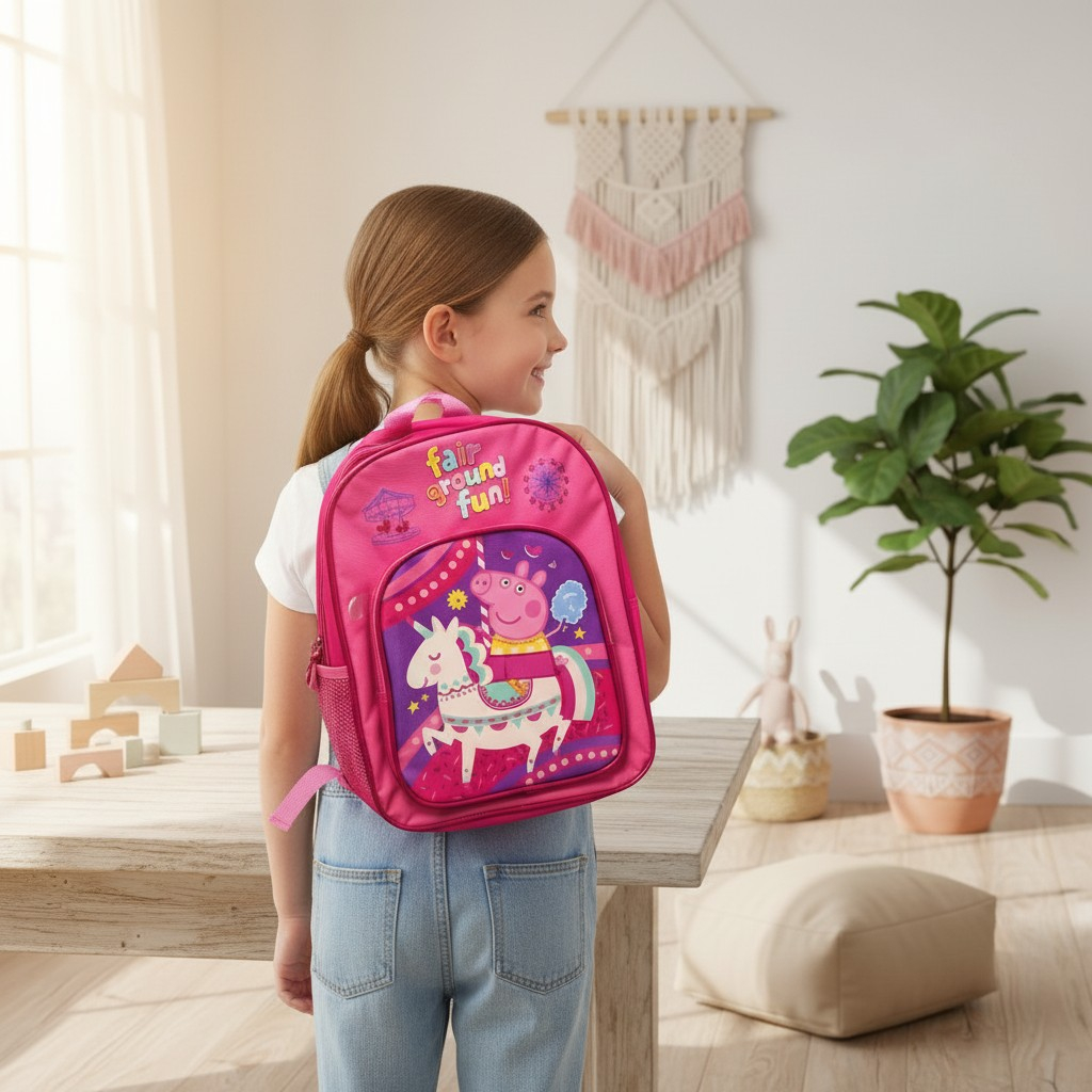 Ghiozdan roz de grădiniță model Peppa Pig pe un unicorn magic cu mesajul Fair Ground Fun. [2]