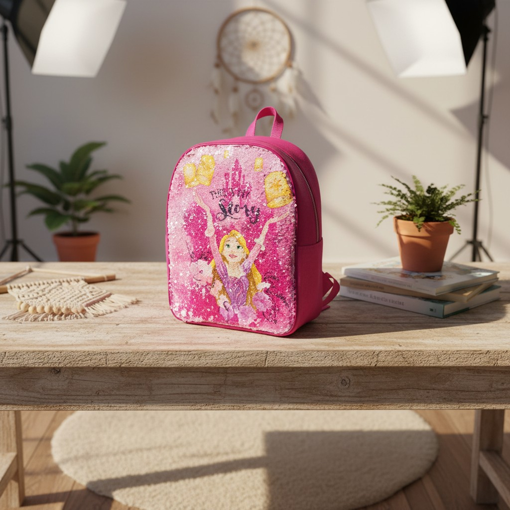 Ghiozdan roz de grădiniță cu paiete reversibile reprezentând-o pe prințesa Belle într-o rochie galbenă. [2]