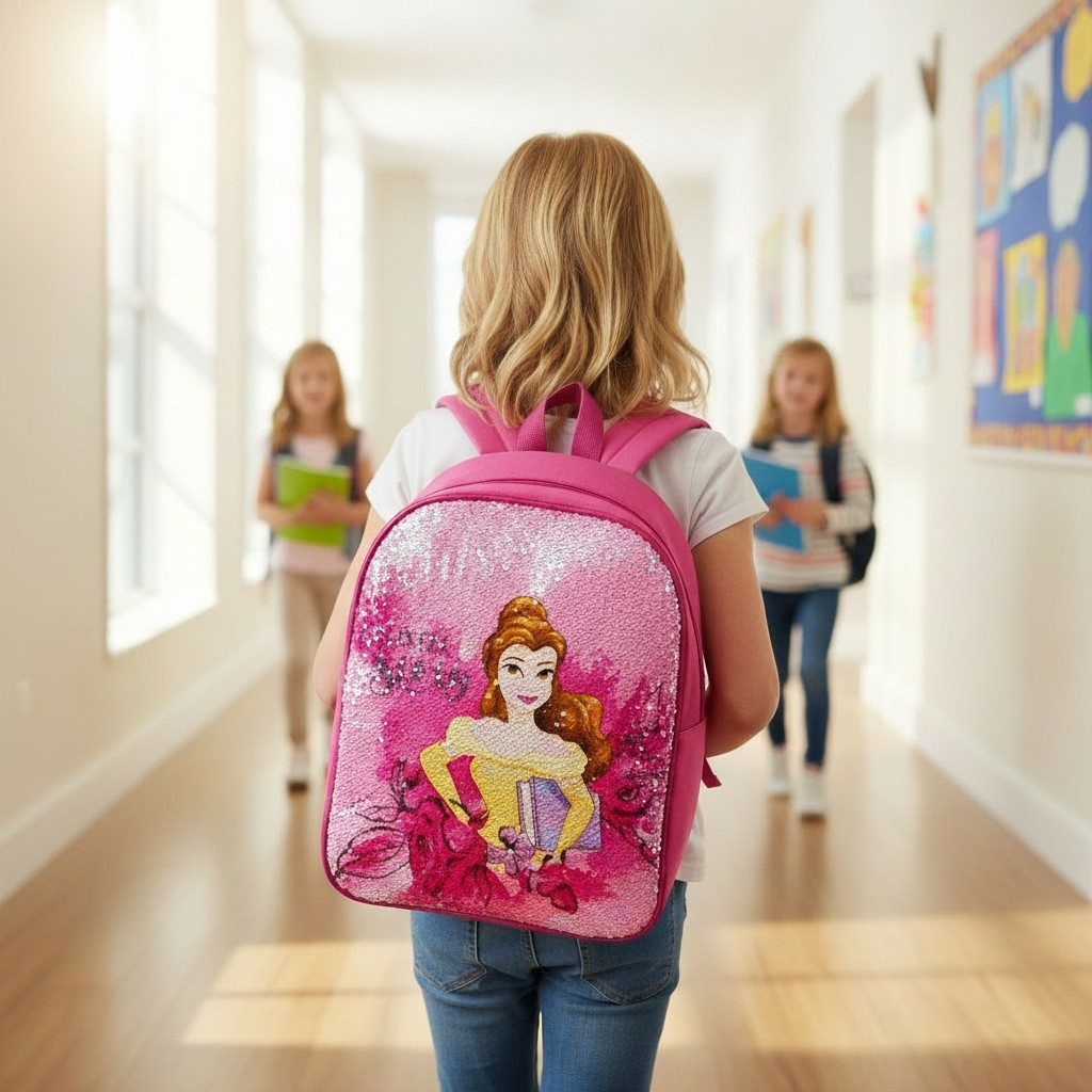 Ghiozdan roz de grădiniță cu paiete reversibile reprezentând-o pe prințesa Belle într-o rochie galbenă. [3]