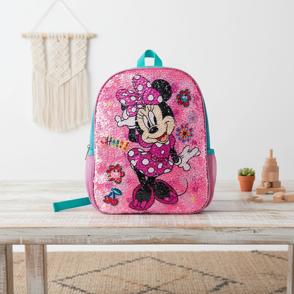 Ghiozdan roz de gradinita cu Minnie Mouse si paiete reversibile interactive. [2]