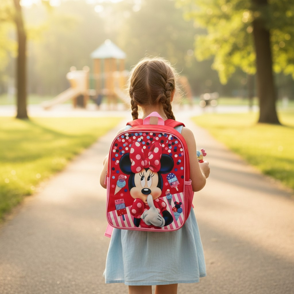 Ghiozdan roșu de grădiniță model Minnie Mouse cu buline și motive cu înghețată. [2]