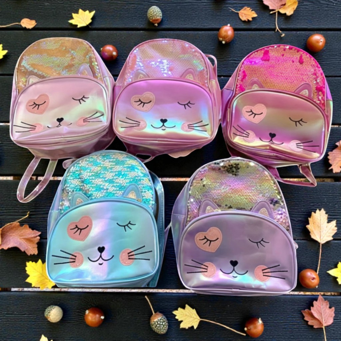 Ghiozdan holografic roz cu paiete reversibile și față de pisicuță 3D. [3]