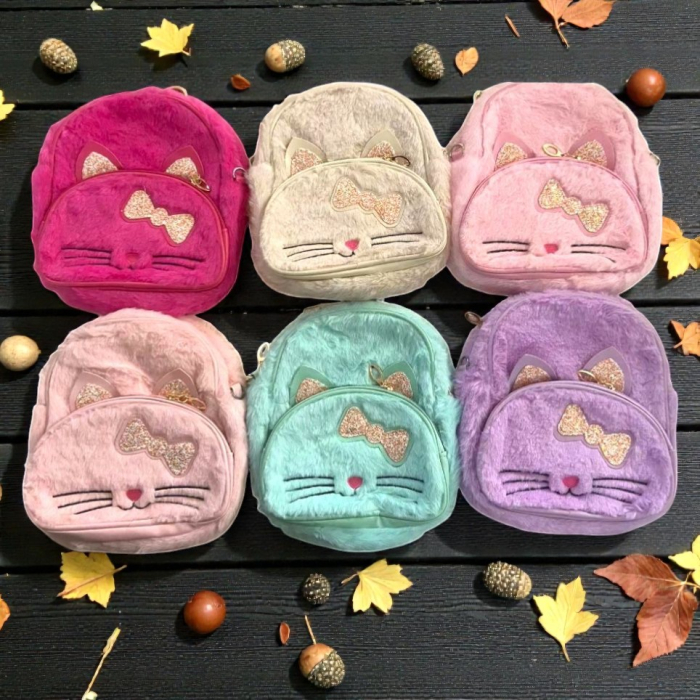 Mini rucsac din pluș moale în formă de pisicuță cu fundiță roz sclipitoare. [3]
